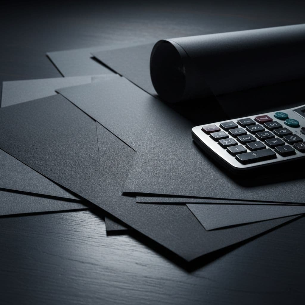 Sharp focus on textured professional documents and a metal calculator resting on a dark wood surface. Dramatic lighting emphasizes the crisp paper edges and metallic device buttons in this serious setting.