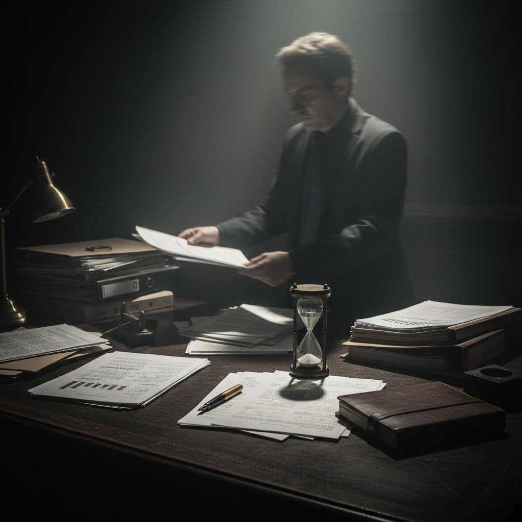 A dark wooden desk features scattered business documents, a glass hourglass, and the indistinct motion blur of a person. Moody, high-contrast lighting emphasizes the professional tension of a complex corporate transition.