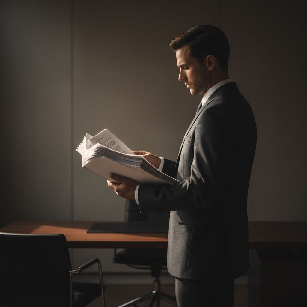 A person stands in a dimly lit, minimalist office holding a crisp stack of organized documents. Side lighting highlights the sharp paper edges, creating a focused atmosphere for financial record analysis.