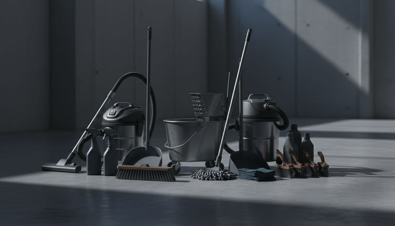 A collection of industrial cleaning bottles, scrub brushes, and microfiber cloths are organized neatly on a polished dark floor. Dramatic cinematic lighting creates sharp contrasts and deep shadows throughout the scene.