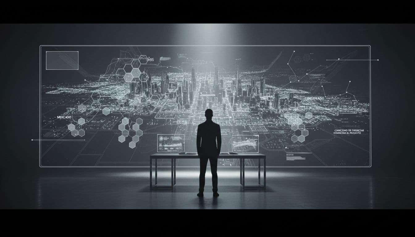 A focused individual examines a glowing interactive city map on a high-definition monitor filled with complex analytical data points and financial markers. The monochromatic interface highlights urban development and strategic investment metrics.