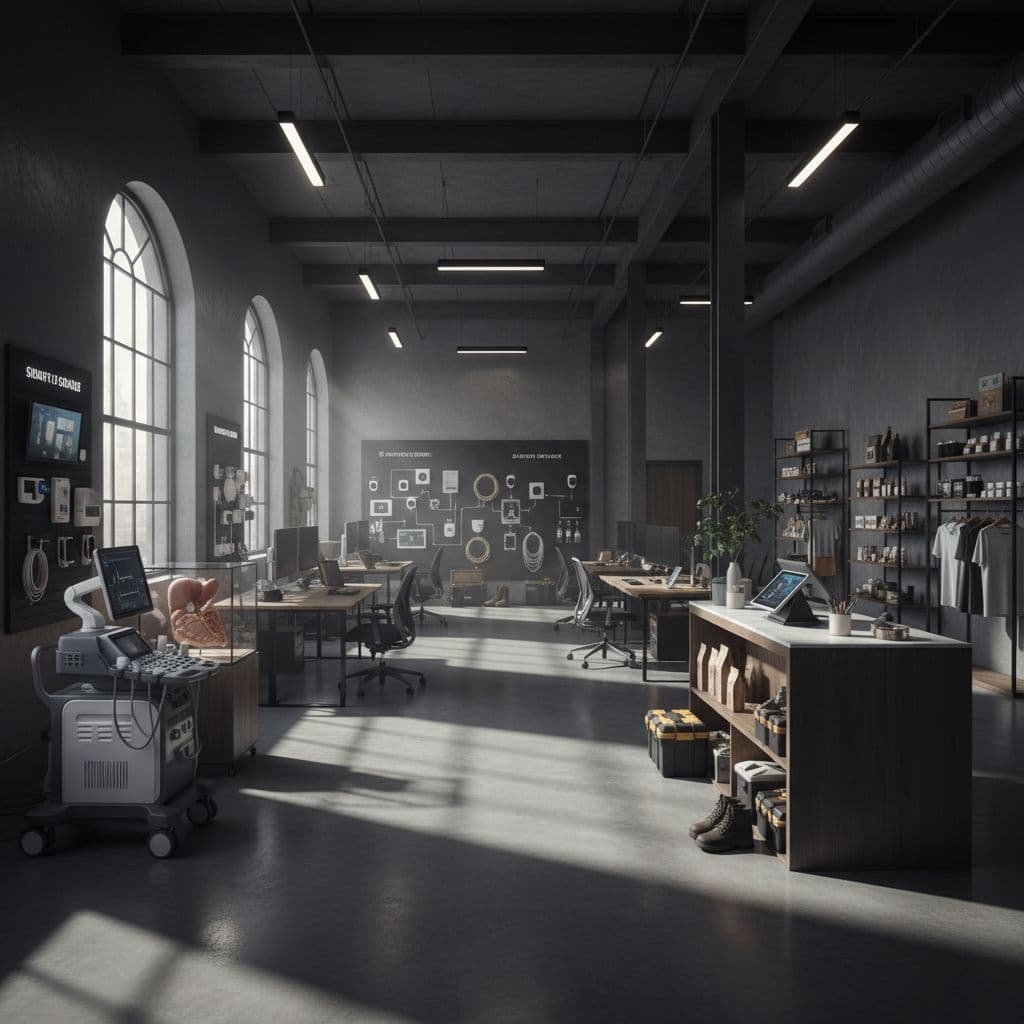 A dark, moody office interior features a collection of industry-specific tools including a stethoscope, retail price tags, and repair wrenches. These items rest on a sleek, zinc-colored desk under dramatic lighting.