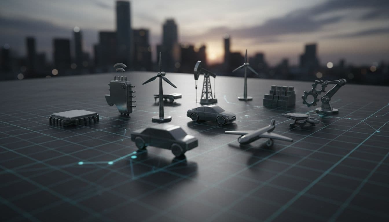 Three-dimensional metallic icons representing energy, manufacturing, and transport rest on a dark professional business blueprint. Dramatic overhead lighting creates sharp, elongated shadows across the clean, monochromatic industrial surface.