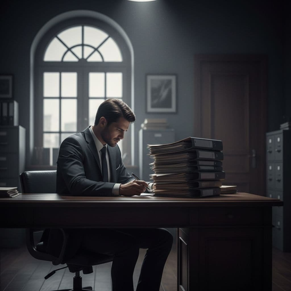 A man in a professional suit sits at a dark wooden desk reviewing a large stack of paper files with a pen in hand. Dramatic overhead lighting highlights the organized documents.