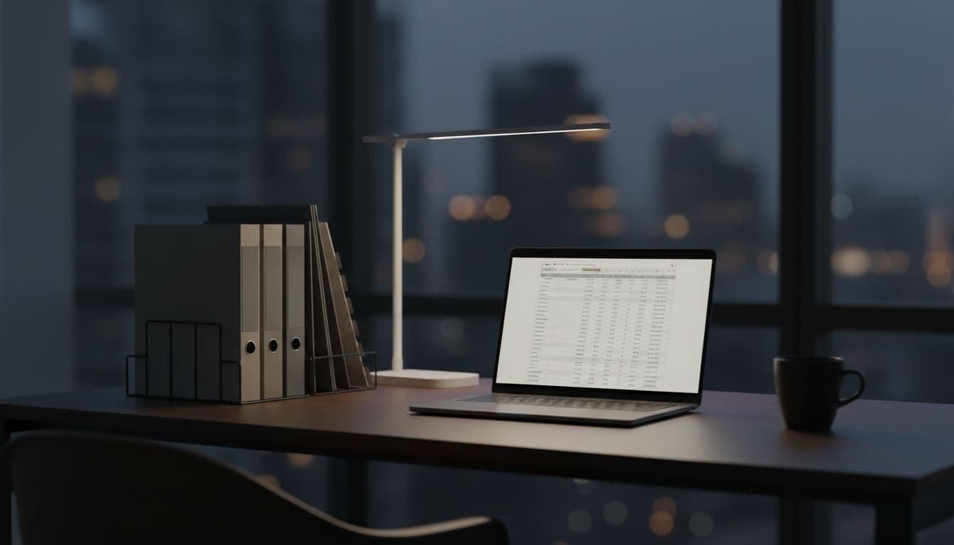 A sleek laptop sits on a dark desk beside neatly stacked financial folders and a steaming cup of coffee. High-contrast lighting highlights the organized paperwork during a meticulous business audit process.