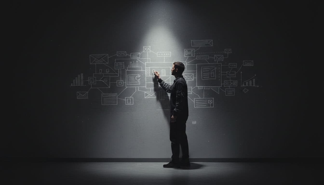 A silhouette of a creative professional stands before a stark white wall, drawing complex business diagrams in white chalk. Dim overhead lighting casts deep shadows across the room's textured surfaces.