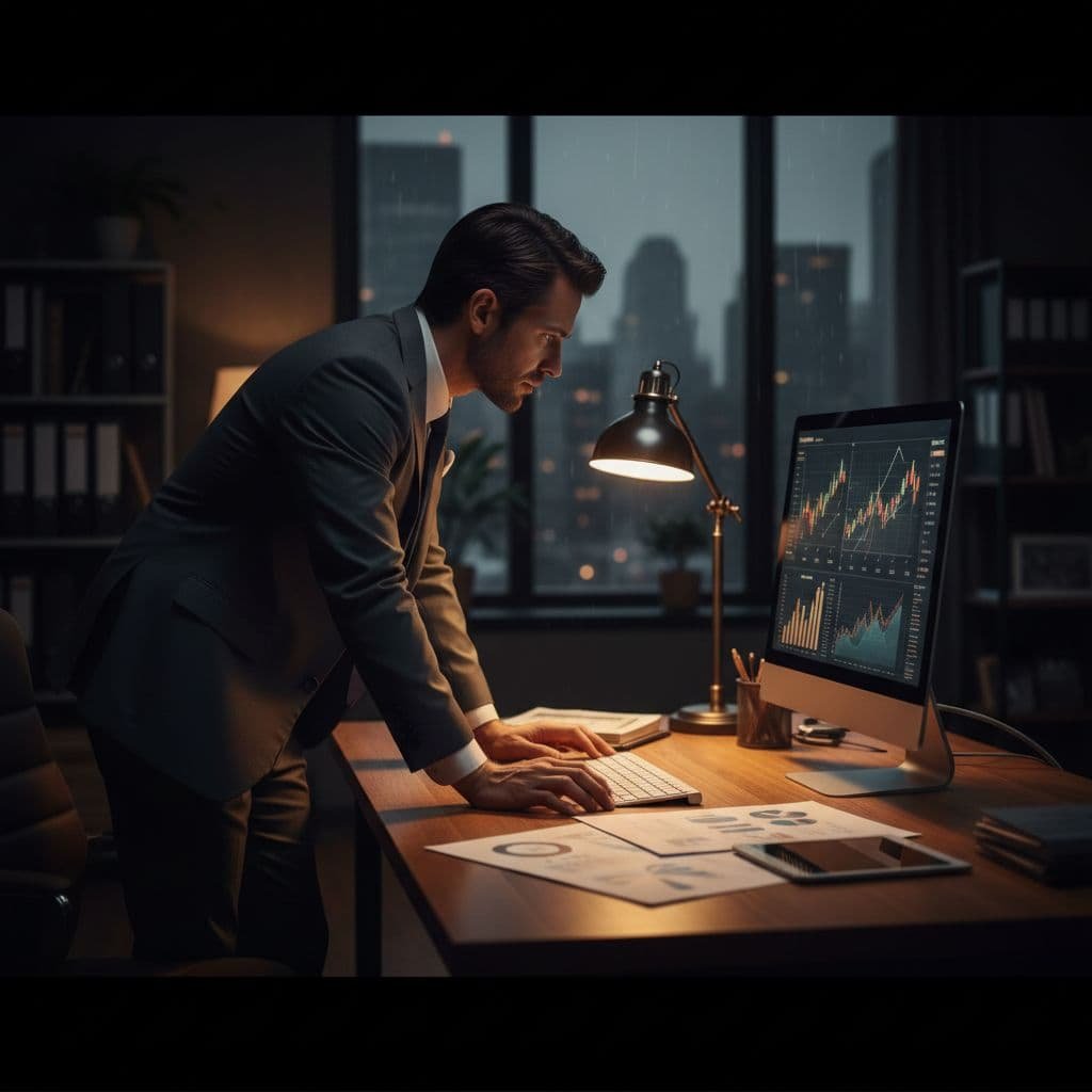 A focused accountant sits at a wooden desk under dim lighting, carefully reviewing glowing digital financial charts on a monitor. Deep shadows frame the workspace, highlighting his intent professional demeanor.