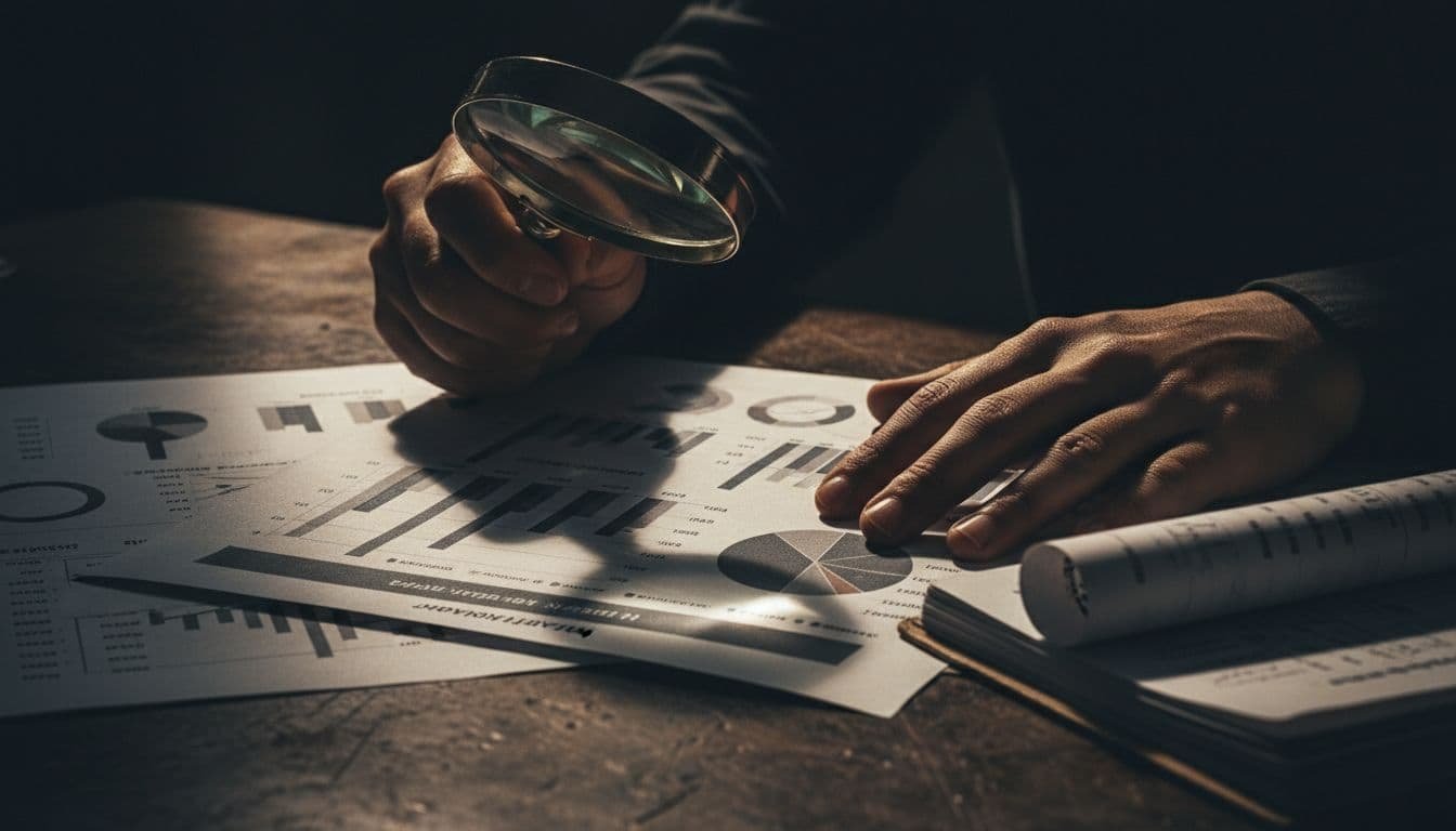 A close-up view features hands examining complex financial charts laid out on a dark mahogany desk. A polished magnifying glass rests beside scattered documents under dramatic, high-contrast cinematic spotlighting.