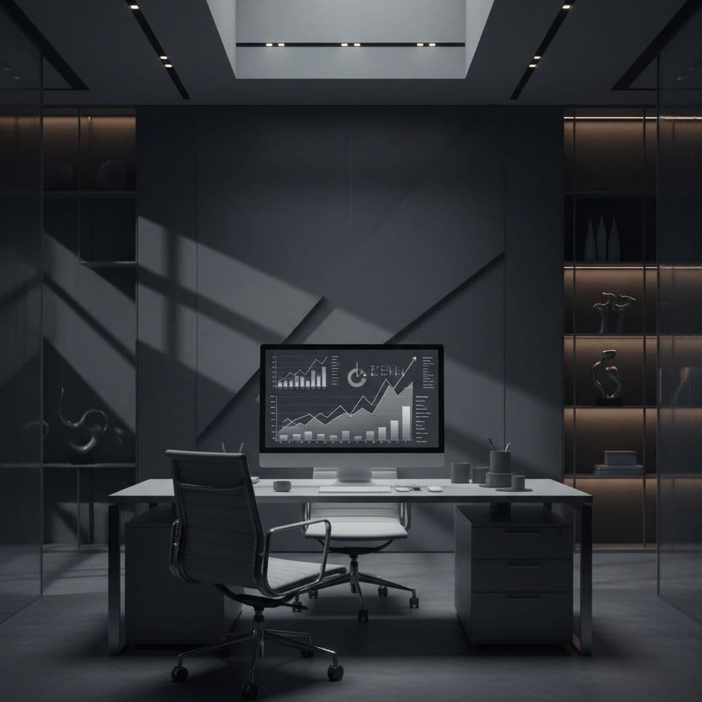 A dark, professional office desk features a large computer monitor displaying complex financial charts and data trends. Sharp, cinematic lighting casts deep shadows across the modern workspace for a moody aesthetic.