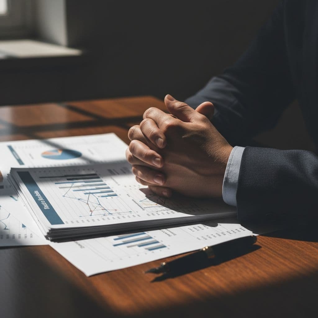 A pair of hands holds crisp white financial charts covered in complex numerical data over a dark wooden desk. Soft overhead lighting creates high-contrast shadows that accentuate the professional atmosphere.