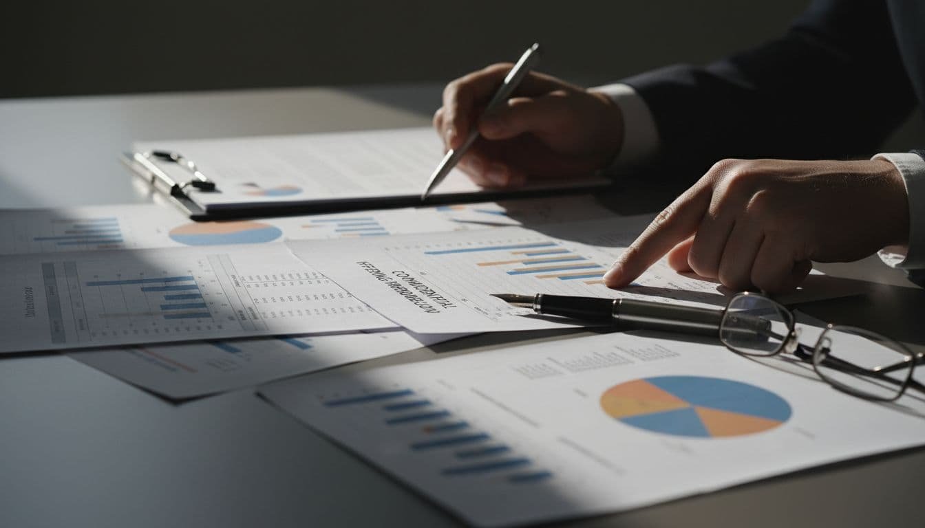 Open financial reports featuring detailed bar charts and numerical data lie across a dark desk. A sleek metal pen rests beside the paperwork, highlighting a thorough and professional analysis session.