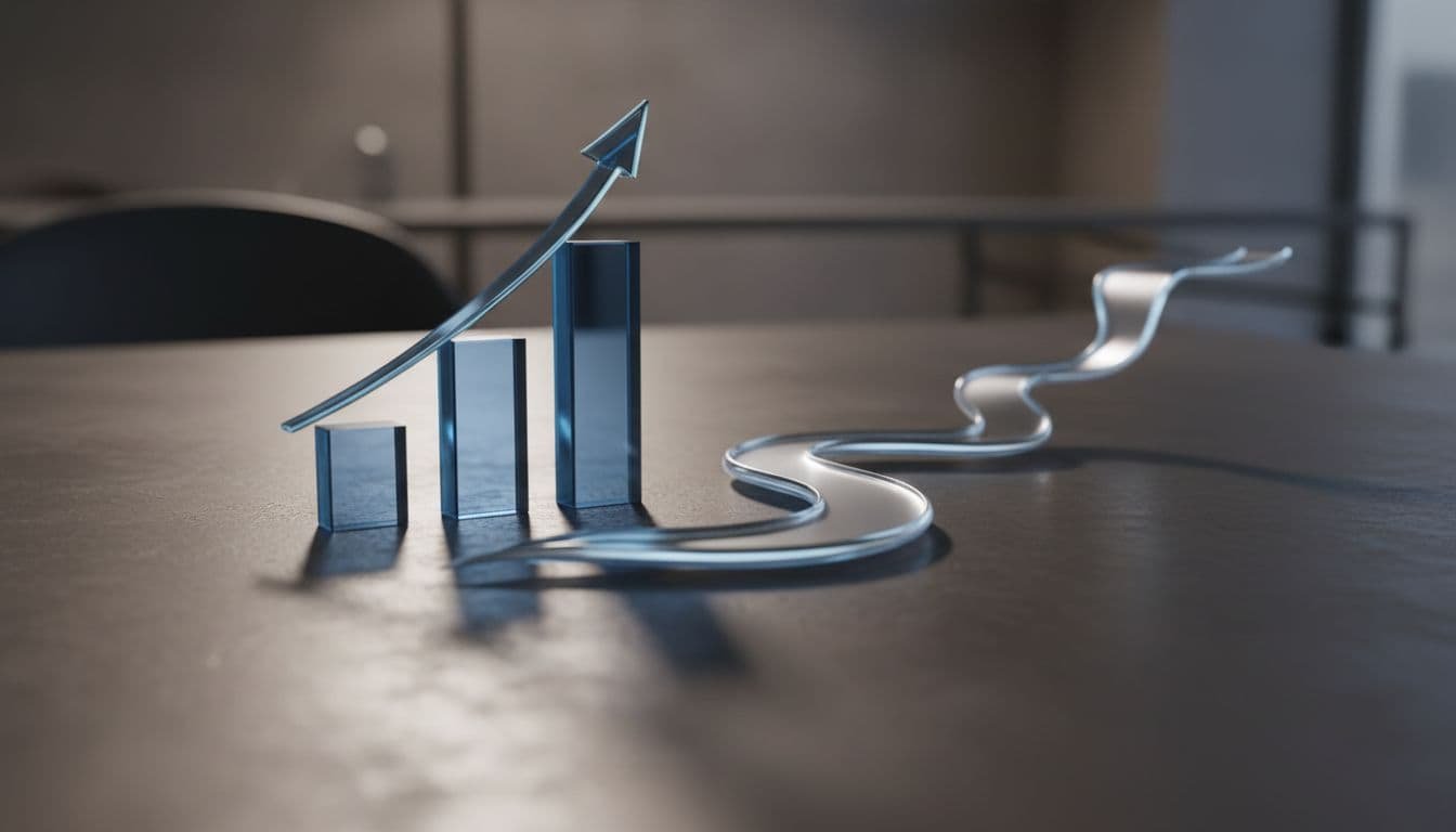 Glowing rising charts and abstract blue water patterns sit on a dark desk surface. Dramatic lighting highlights the contrast between the sharp digital peaks and the fluid, liquid-like graphic elements.