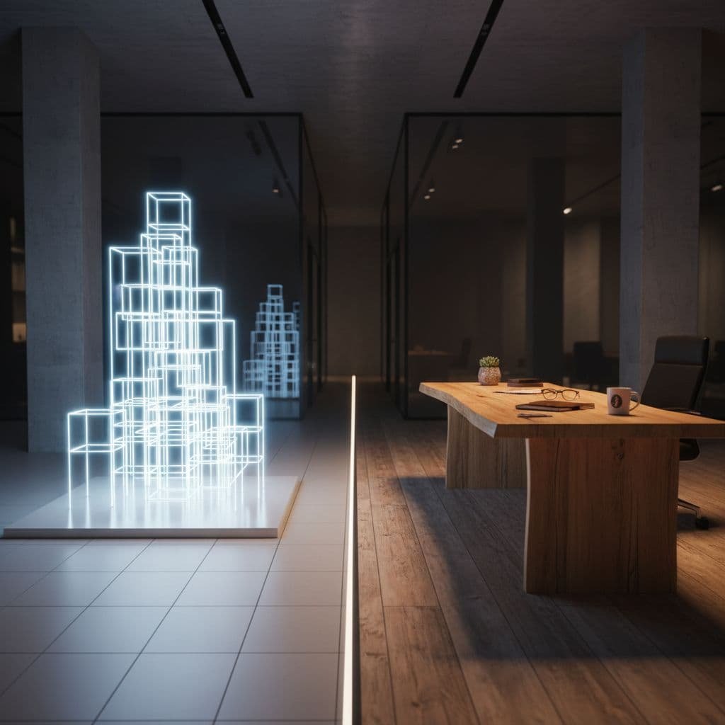 A dark office space features two paths, one illuminated by a sharp, minimalist light structure and the other by a warm wooden desk, highlighting the contrast between corporate and independent ventures.