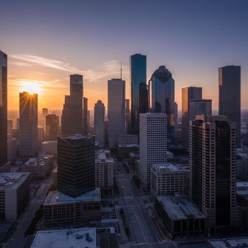 Sunlight reflects off glass skyscrapers in a vibrant downtown Houston district at sunrise. Sharp architectural shadows define the urban landscape, creating a professional atmosphere amidst the towering steel and concrete structures.