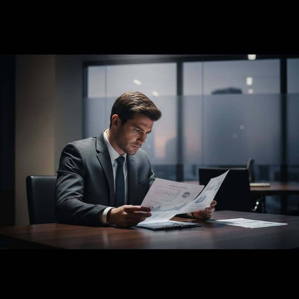 An entrepreneur in a sharp suit examines detailed financial records on a dark wood desk. Dramatic side lighting illuminates the pages while creating deep shadows across the polished workspace surface.