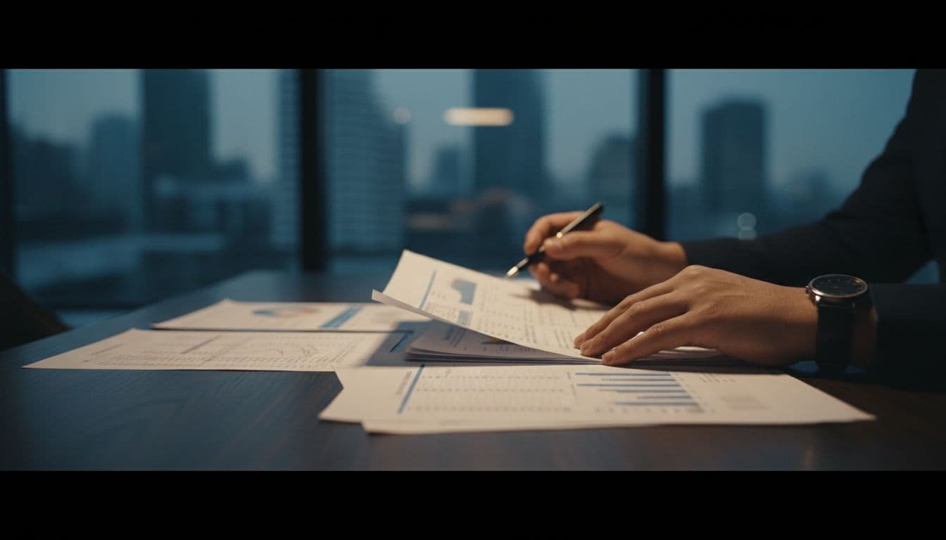 An investor sits at a dark wooden table examining complex business papers under focused warm lighting. The sharp contrast highlights financial data while the person's hands remain visible near the documents.