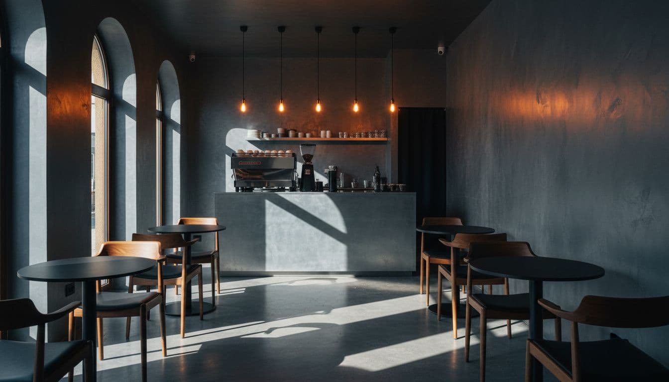 A stylish minimalist cafe features sleek metal tables and matching chairs arranged neatly before a polished service counter. Dramatic cinematic lighting creates deep, moody shadows across the dark zinc-toned interior space.