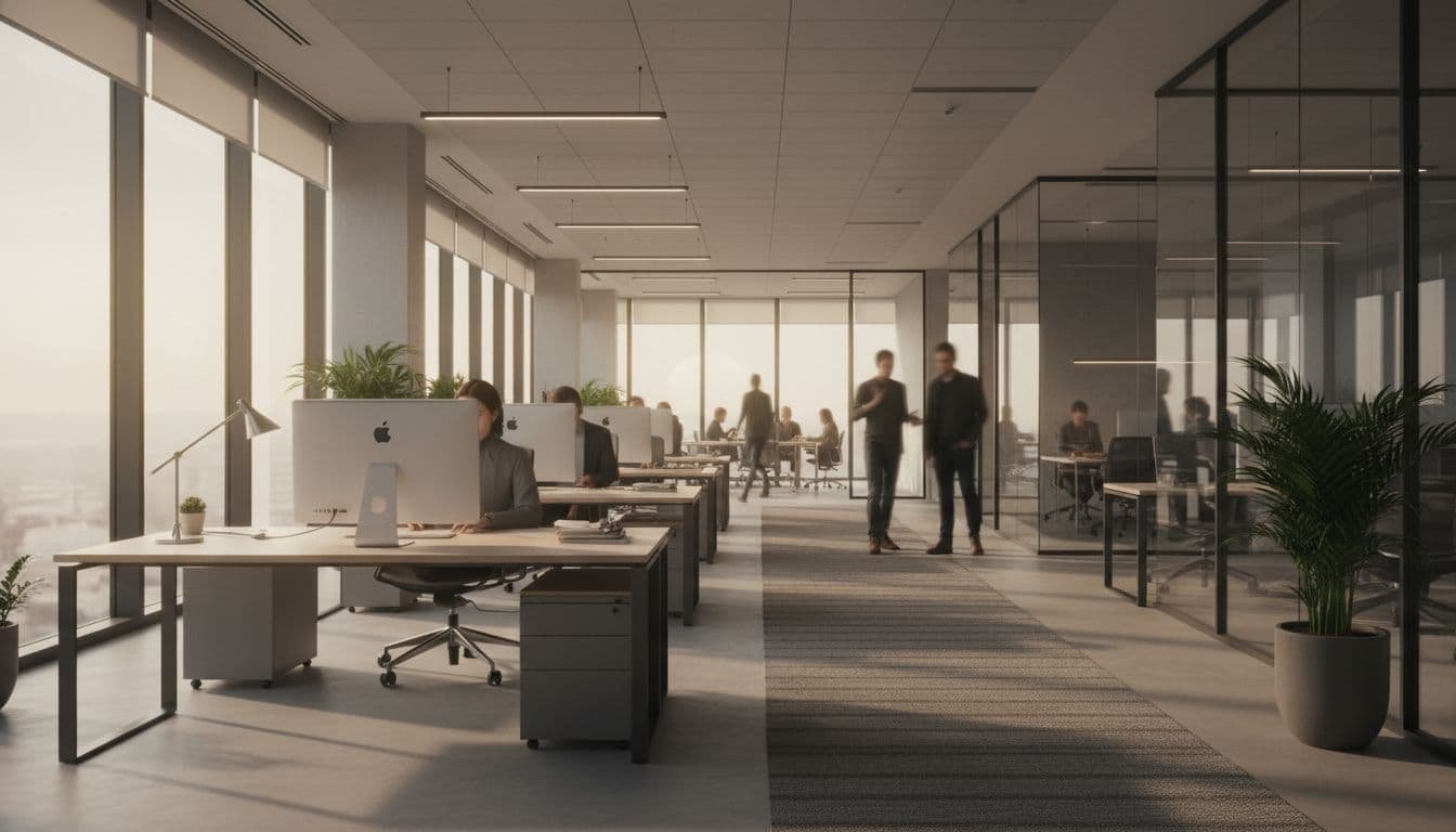 A spacious desk sits in a well-lit office featuring neutral tones and warm sunlight. In the background, softly blurred figures engage in collaborative tasks to represent a thriving business environment.
