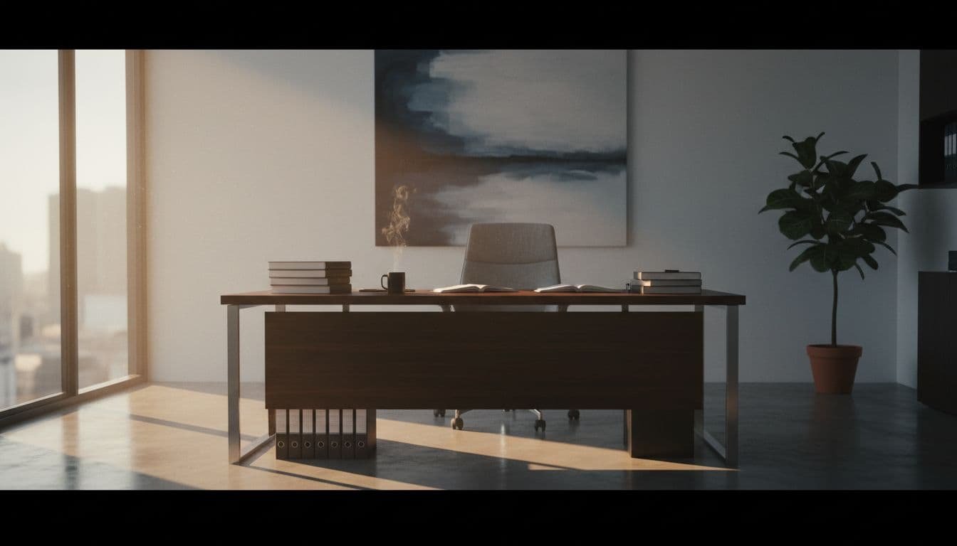 A dark wooden table holds neatly arranged business documents and a steaming cup of coffee. Golden afternoon sunlight streams through a large window, creating a warm, productive atmosphere for decision making.