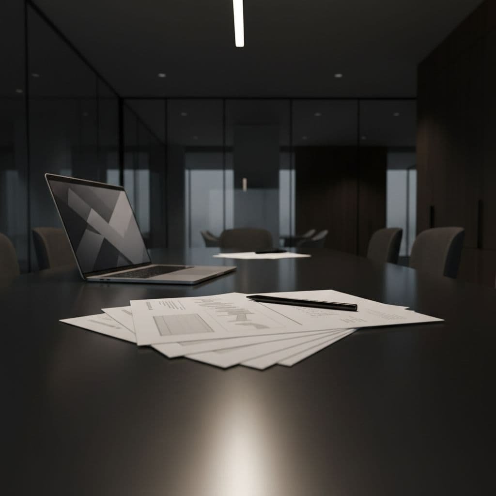 A sleek dark gray conference table features a laptop, organized business documents, and a pen under dramatic lighting. The low-angle shot emphasizes professional preparation during a high-stakes corporate review process.