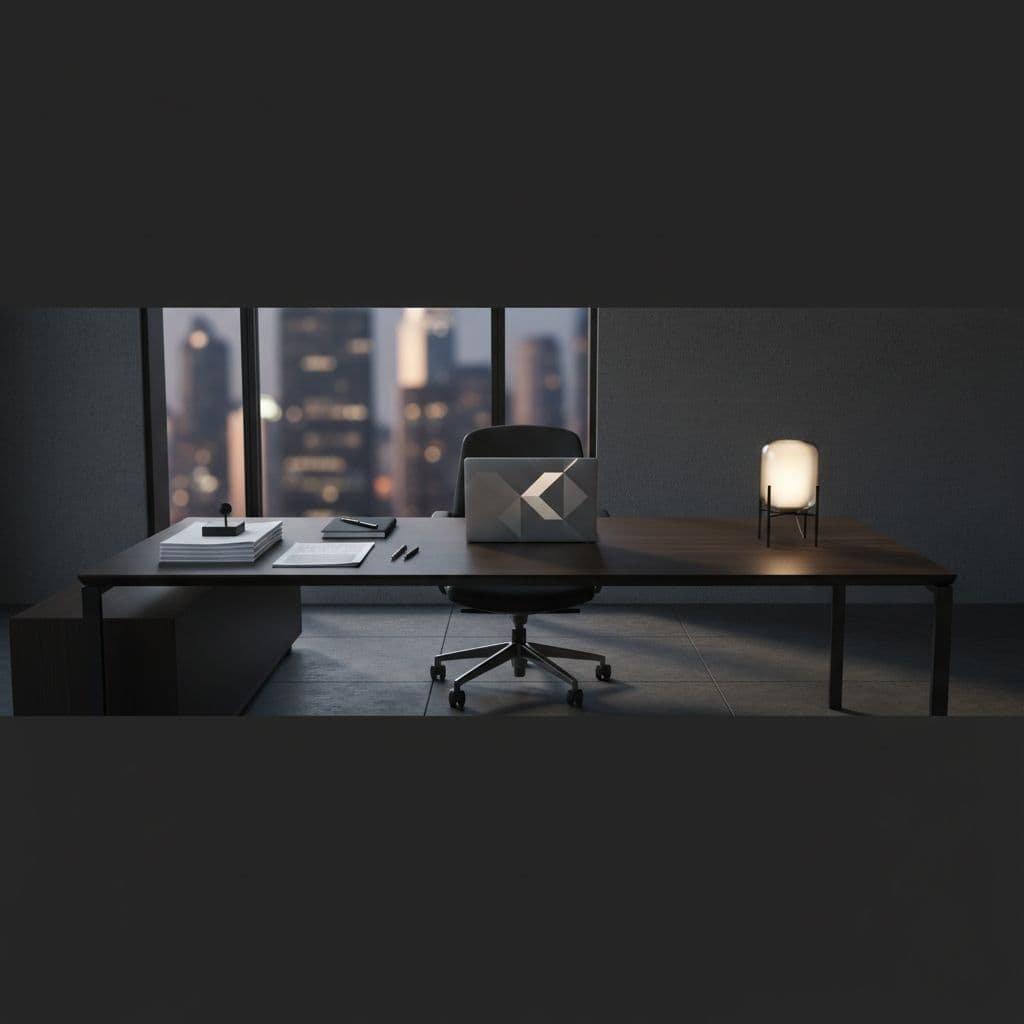 A sleek dark desk sits in a dimly lit office featuring organized documents and a slim laptop. The moody, high-contrast lighting creates a sophisticated atmosphere suitable for serious investment planning sessions.