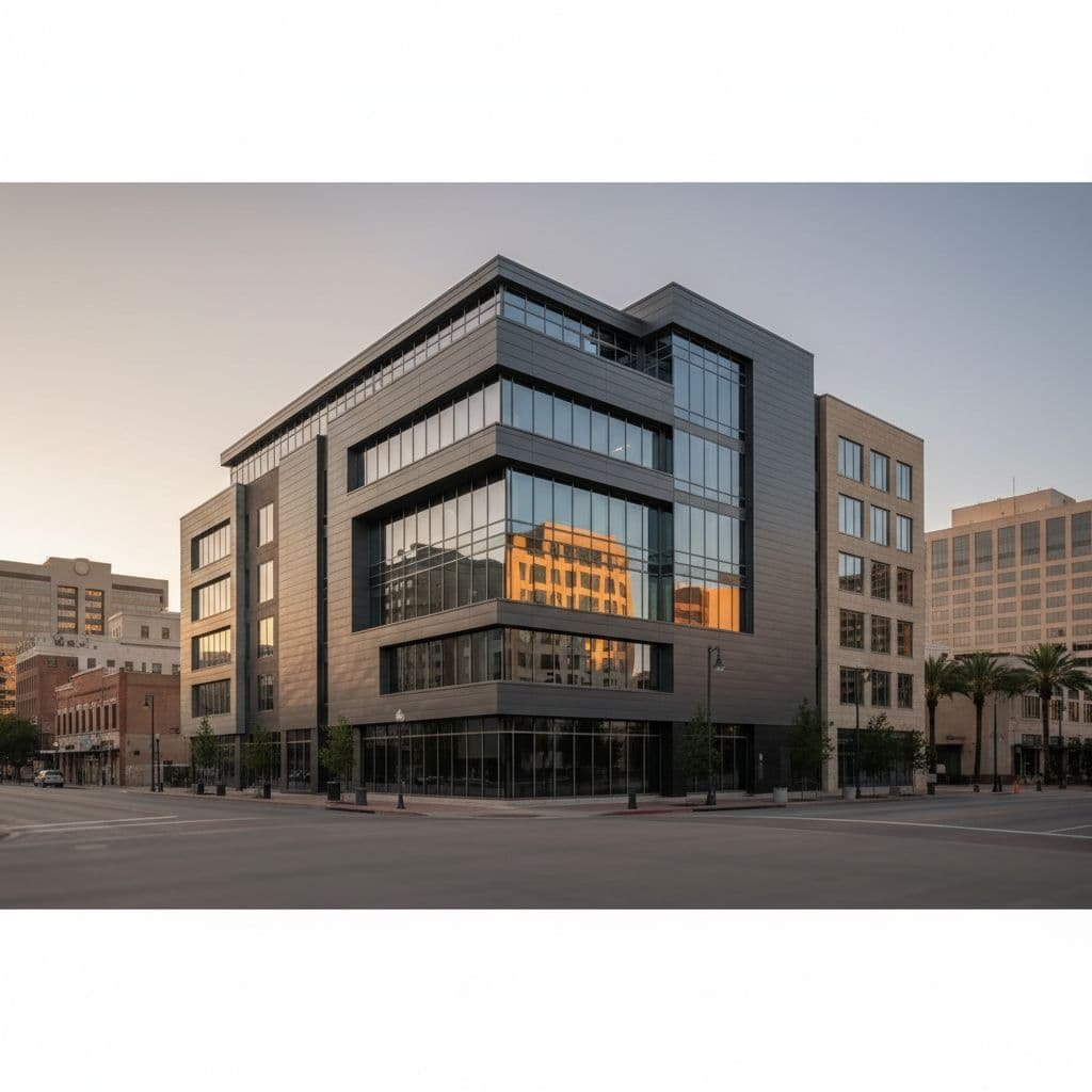 A sleek, multi-story commercial structure stands against a clear sky under soft afternoon light. Large glass panels reflect the surroundings, emphasizing the professional aesthetic of this contemporary urban business center.