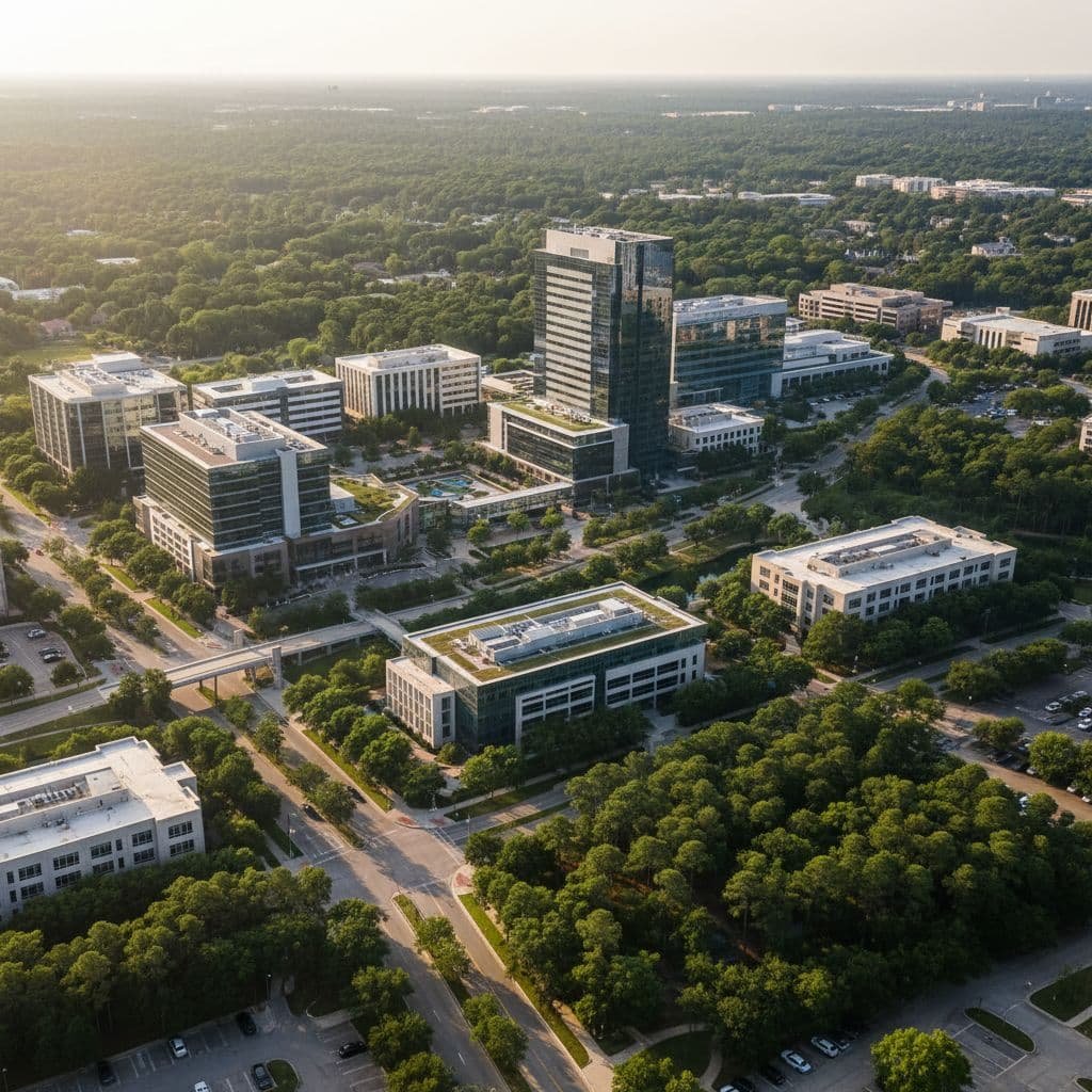 High-angle aerial view of a corporate campus nestled within a lush, tree-filled landscape. Sleek contemporary glass buildings reflect bright sunlight, highlighting the organized layout of a thriving professional commercial center.