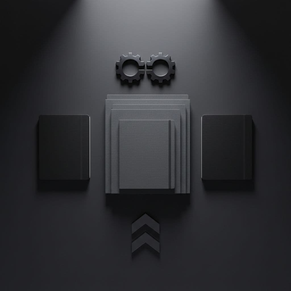 Precise geometric arrangements of professional business tools rest on a dark matte table. The dramatic side lighting emphasizes clean textures and high-contrast shadows against the neutral slate grey backdrop.