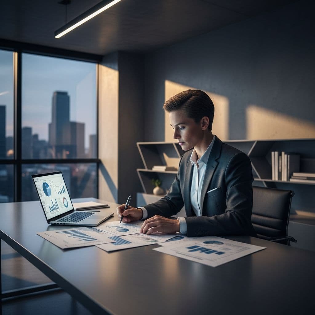 A business professional sits at a dark modern desk examining spreadsheets and financial reports. Dramatic lighting highlights the workspace, creating high-contrast shadows against the neutral grey office background environment.