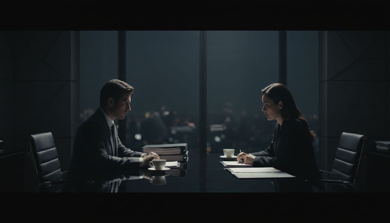 Two individuals sit across a dark wooden desk in a dimly lit office. Side lighting emphasizes their focused silhouettes while they engage in a deep conversation about professional financial matters.