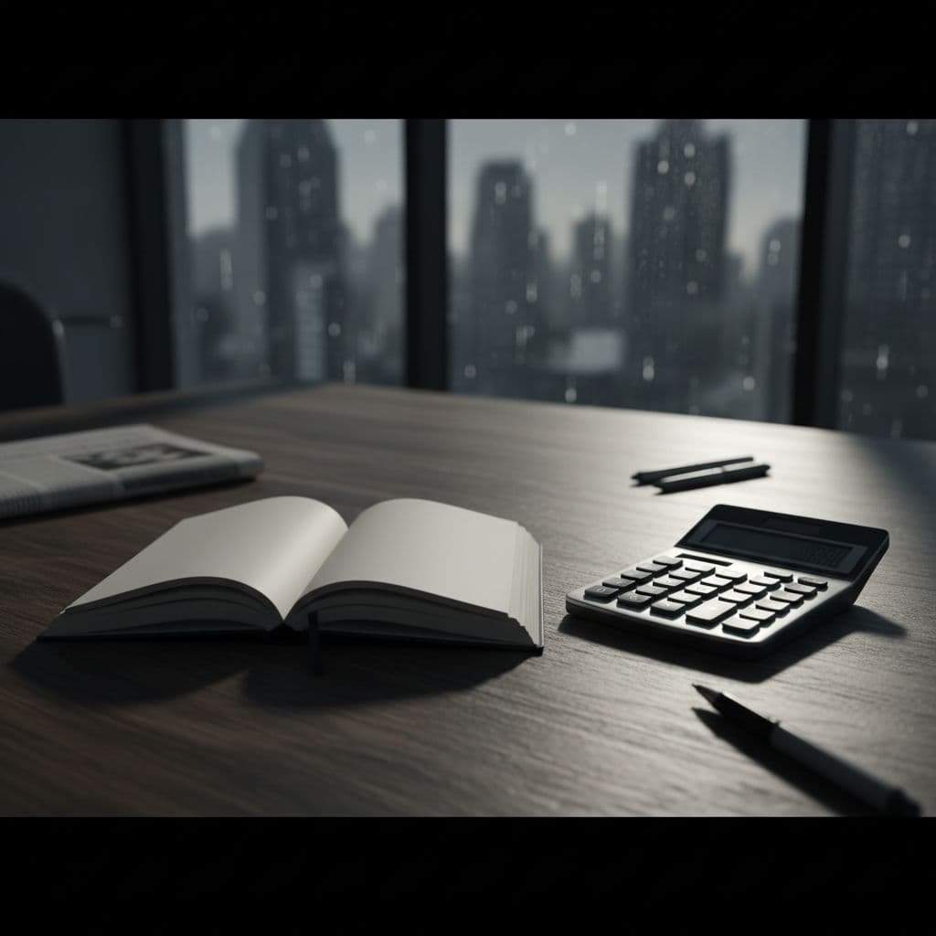 An open notebook and a classic calculator rest on a dark wood desk under sharp, high-contrast lighting. The arrangement suggests a serious environment for reviewing sensitive financial business details.