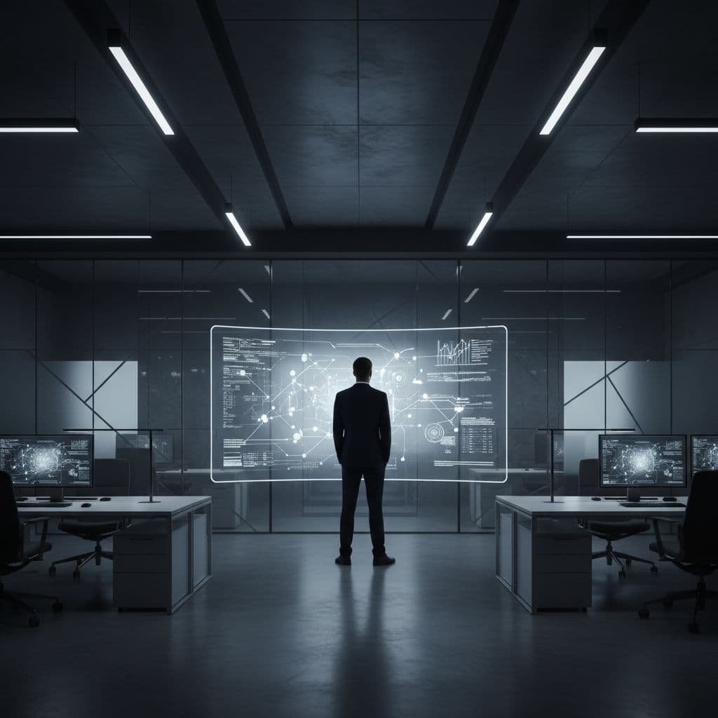 A focused professional observes team performance in a dimly lit office featuring deep gray zinc tones. Dramatic shadows highlight the structured desk arrangement and the observant individual standing in the background.