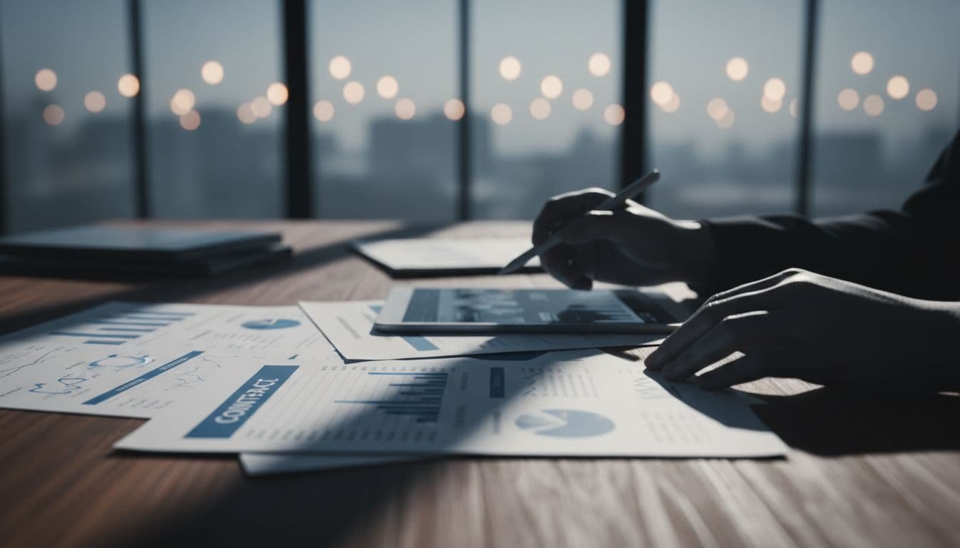 Close-up of hands carefully examining paper contracts and a digital tablet on a dark wooden surface. High-contrast lighting highlights the textures of the documents against deep, moody background shadows.