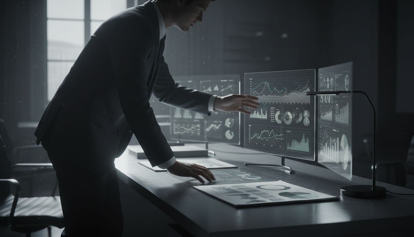A focused individual examines detailed business charts and stacks of documentation spread across a sleek desk. Dramatic office lighting highlights the financial documents within a sophisticated and modern professional workspace environment.