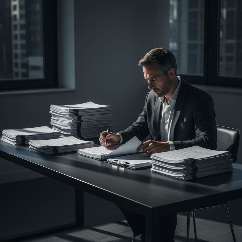 A focused investor sits at a minimalist desk examining thick stacks of business contracts. Dramatic cinematic lighting casts deep shadows across the papers, highlighting the textures and serious office environment.