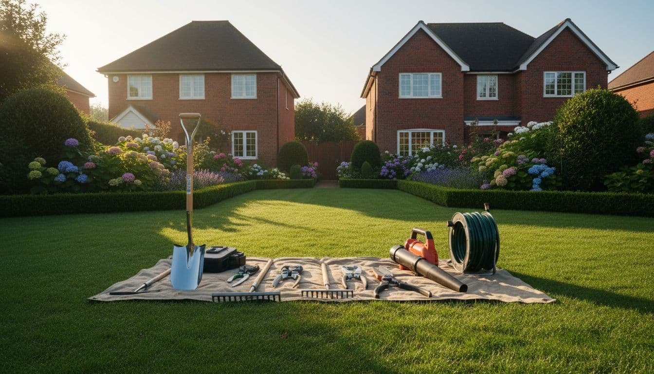 Neatly arranged metal gardening tools like shears and a rake rest on a pristine green lawn. In the soft morning light, classic brick suburban houses provide a peaceful residential background.