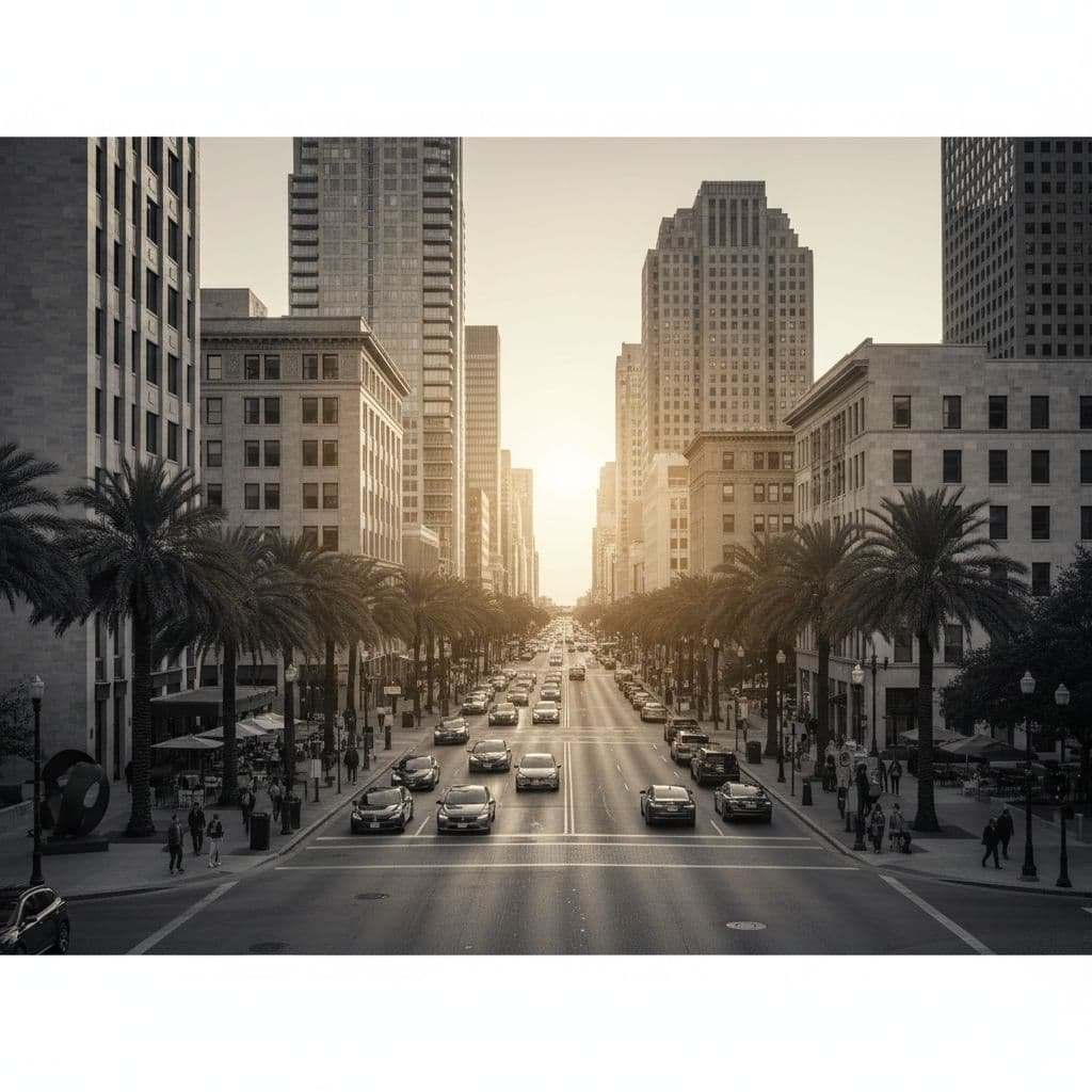 Modern skyscrapers rise above a bustling Texas intersection during the early morning. Polished glass facades reflect the golden sun while sleek vehicles navigate the wide lanes of this thriving metropolitan area.