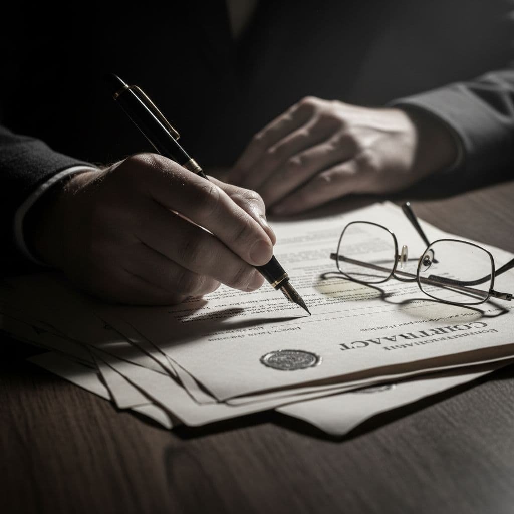 A close-up view shows a hand holding a fountain pen while signing dense legal paperwork on a wooden desk. A pair of wire-rimmed glasses sits prominently atop the stacked contract pages.