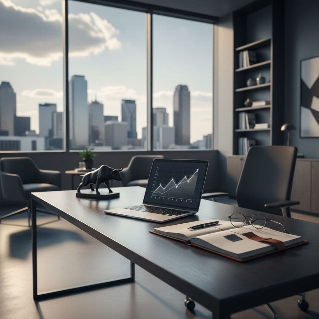 A sleek, modern desk occupies the foreground with a polished laptop and notepad. Beyond the workspace, a soft-focus skyline view captures the vibrant essence of a growing Texas business hub.