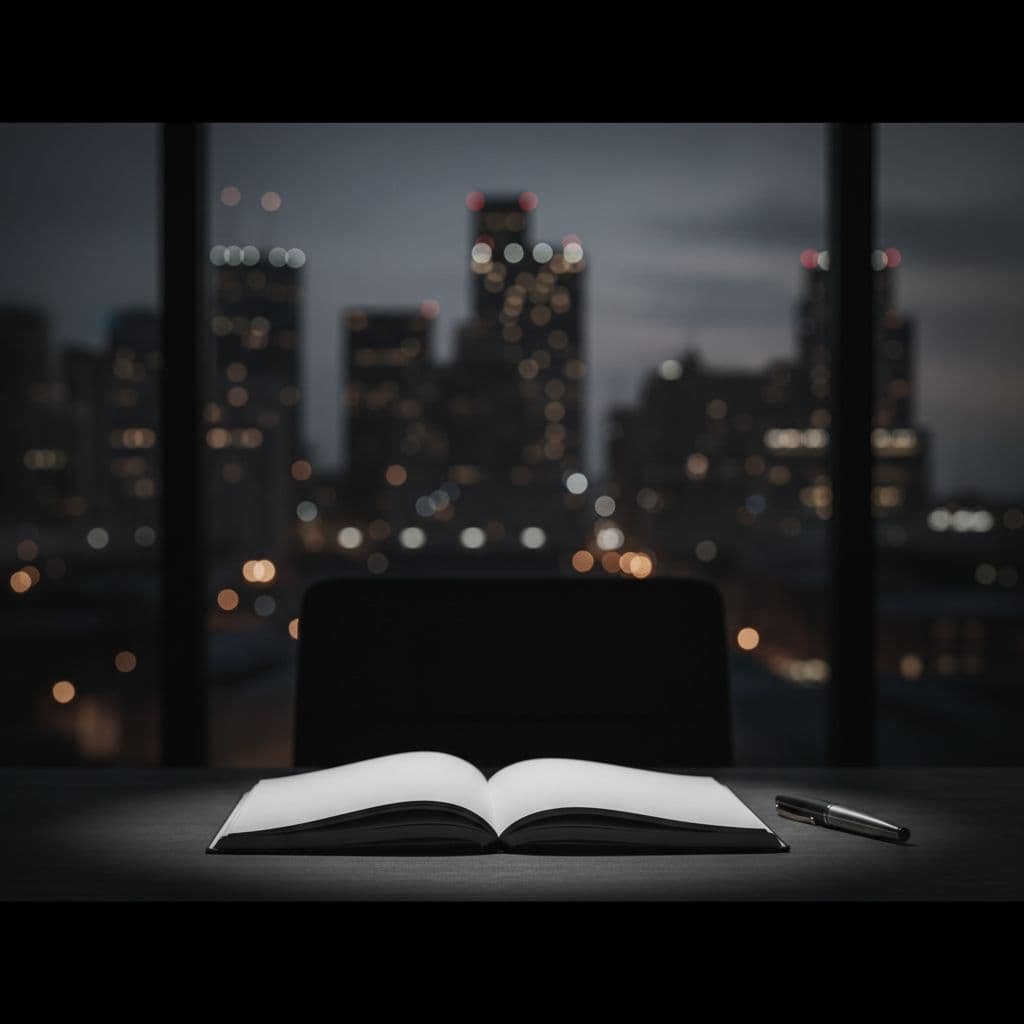 A dark, modern desk displays a leather notebook and a fountain pen under dramatic, focused lighting. The blurred Texas city skyline fades into the background, maintaining a sophisticated, high-contrast aesthetic.