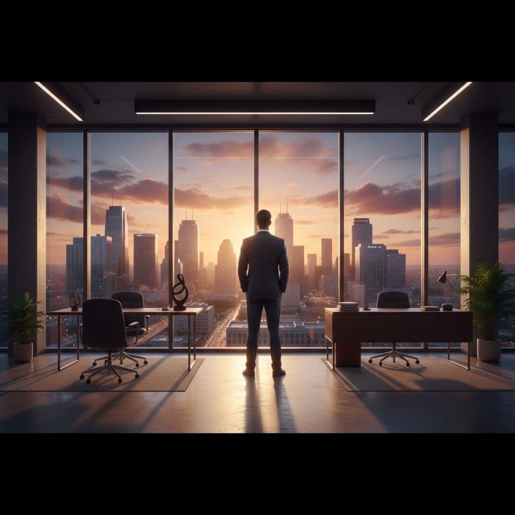 A professional in a sharp suit stands facing large glass windows, overlooking a sprawling Texas city skyline during a golden sunset. Long, dramatic shadows stretch across the sleek, modern office floor.