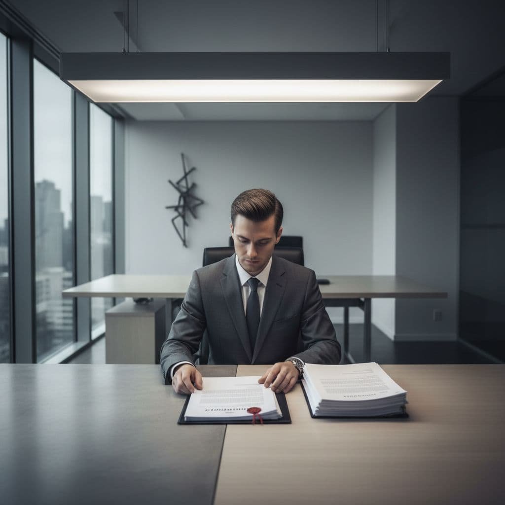 A professional sits at a minimalist zinc-toned desk, examining signed legal contracts and financial papers. Soft cinematic lighting highlights the focused workspace, emphasizing the serious nature of the business acquisition process.