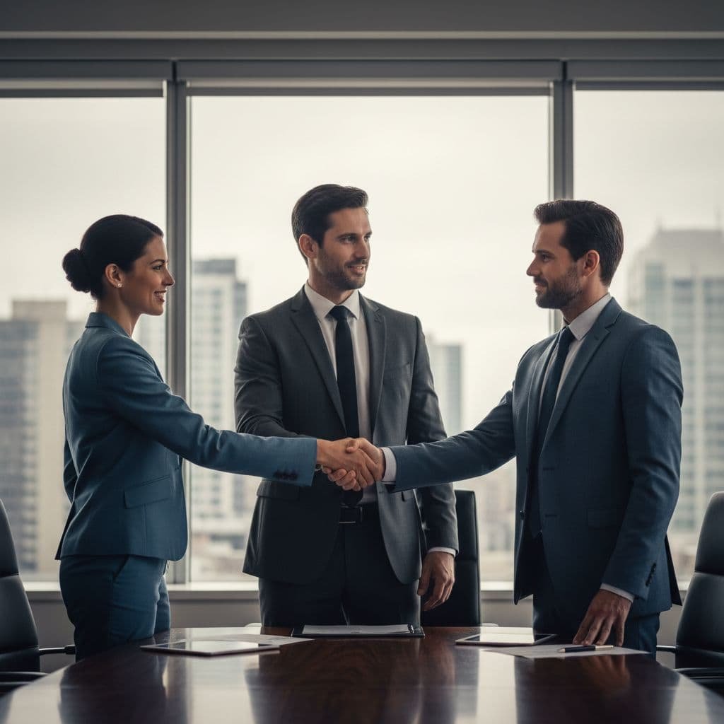 An executive in a sharp suit shakes hands with two consultants across a dark wooden table in a sunlit office. The scene features cinematic lighting and a sophisticated, professional atmosphere.