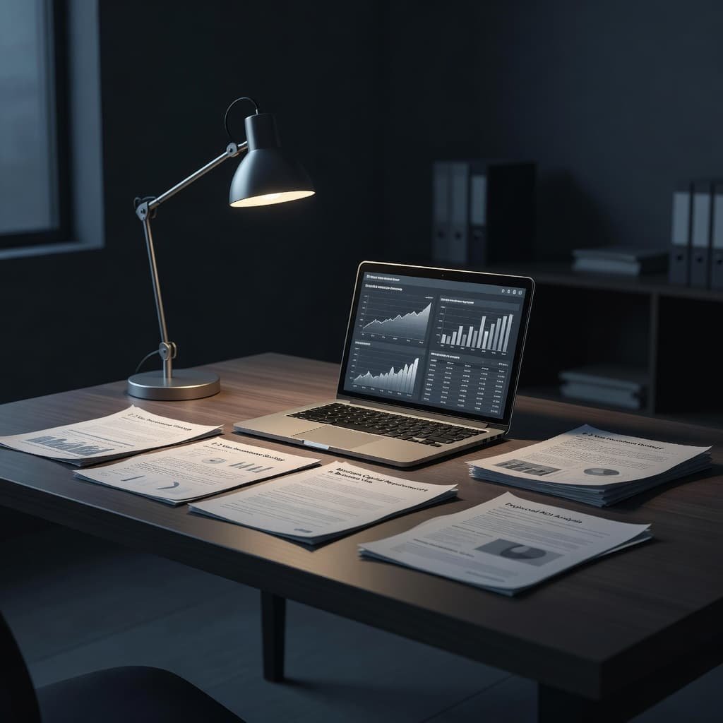 A dark, moody office desk features a metallic laptop and organized financial planning documents. A singular desk lamp casts a warm glow over the paperwork, highlighting an atmosphere of serious investment.