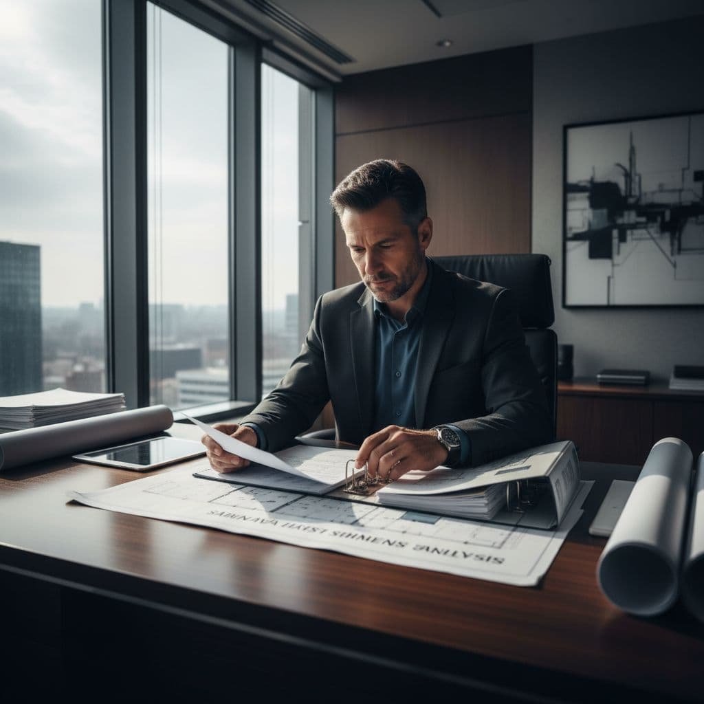 A professional in a sharp suit examines detailed financial charts and business floor plans across a polished mahogany table. Large windows cast soft light into the sophisticated, modern executive office space.