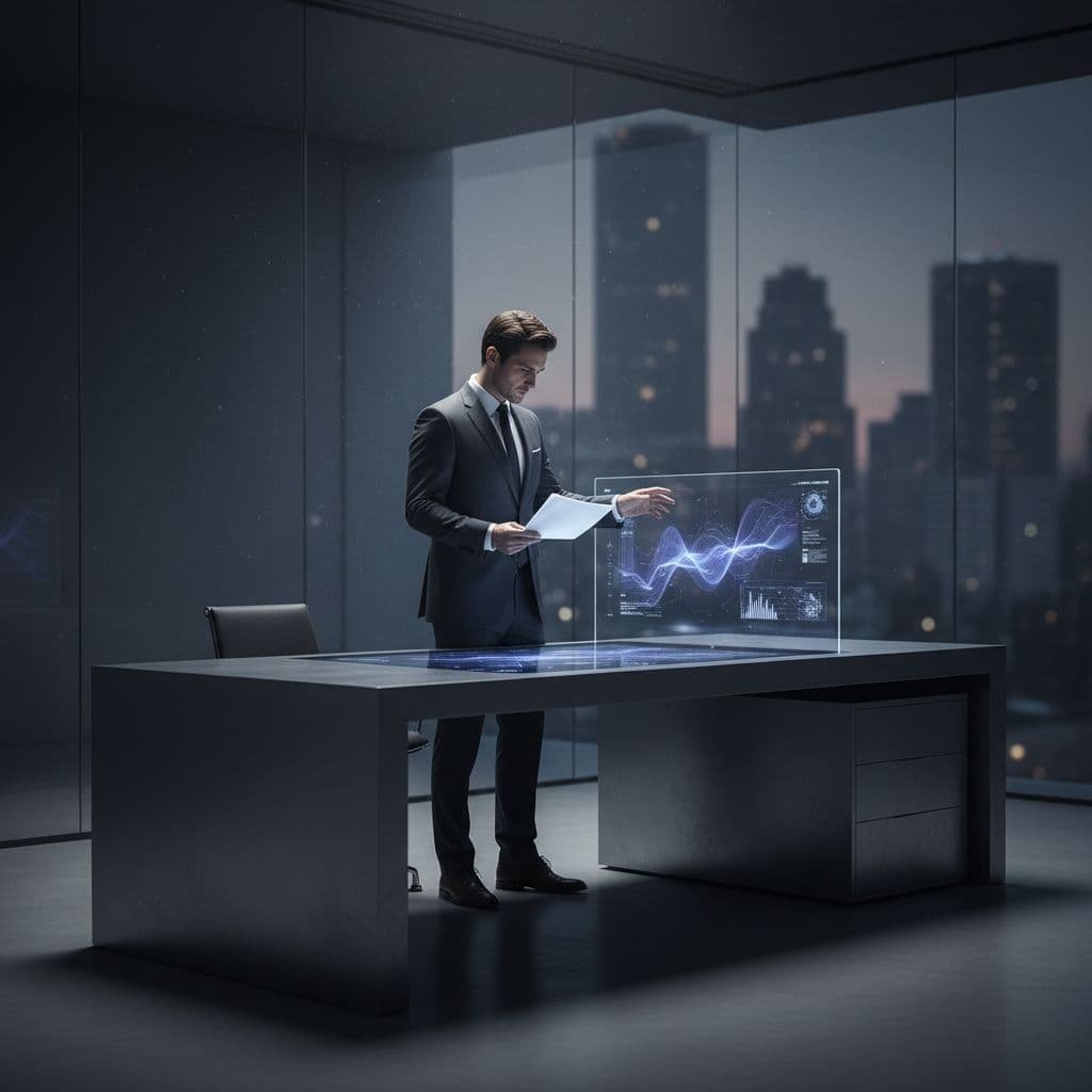 A focused professional in a dark suit reviews important legal documents at a minimalist executive desk. Dramatic side lighting highlights the sharp contrast and somber, sophisticated atmosphere of the workspace.