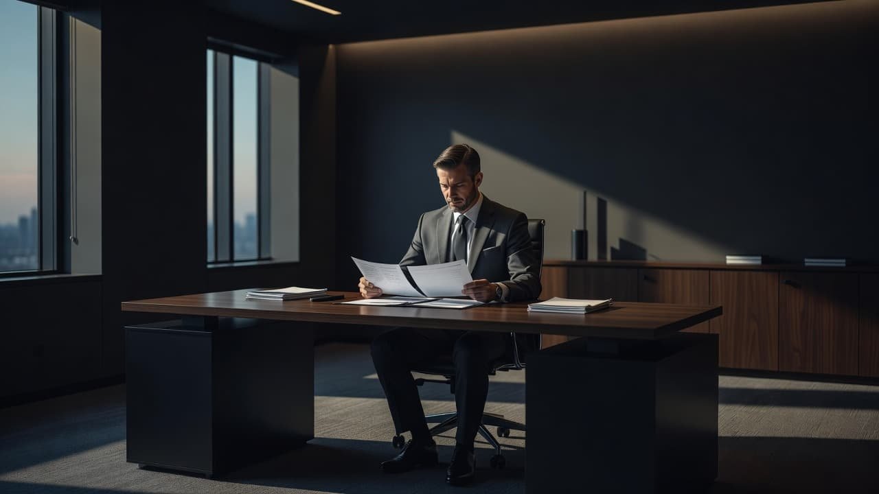 A professional entrepreneur sits at a minimalist dark desk in a sleek office, carefully analyzing stacks of legal paperwork. Dramatic, low-key lighting creates high contrast against the neutral gray surroundings.