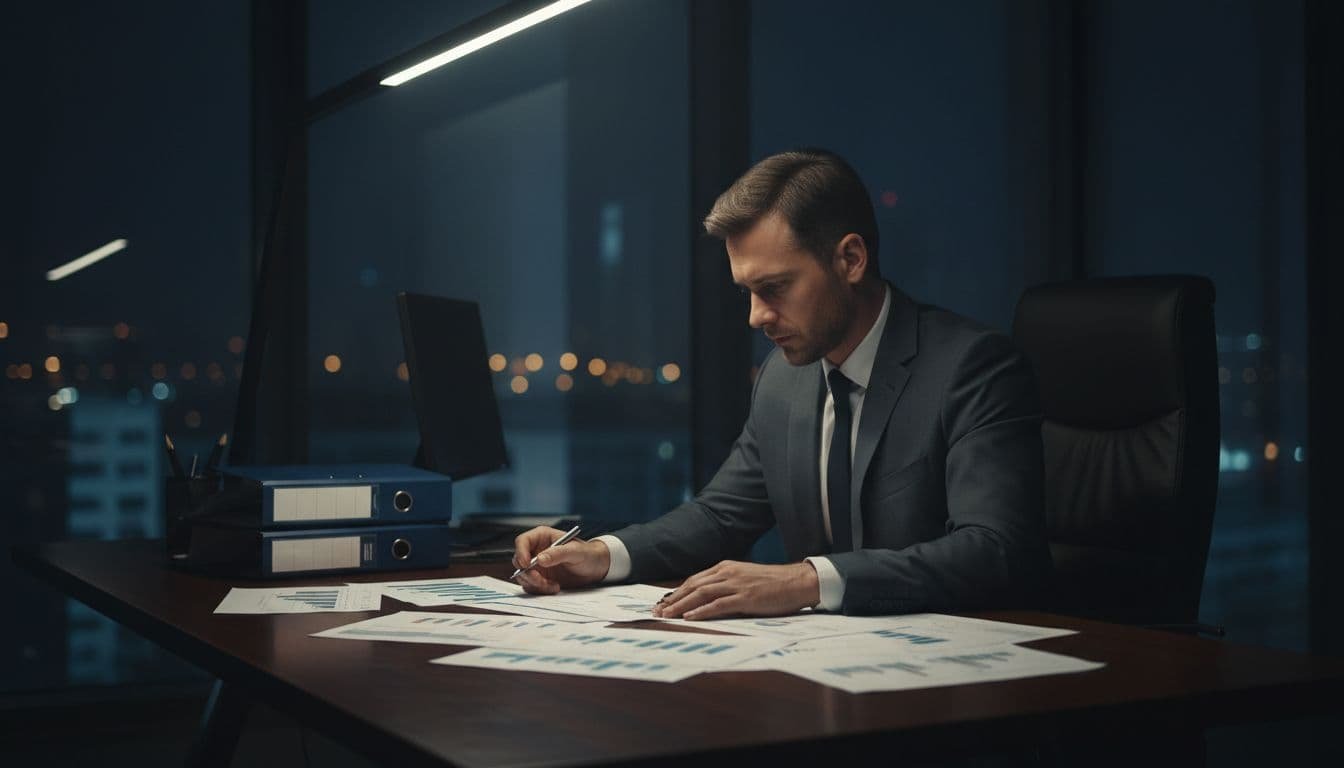 A focused businessman sits at a sleek desk, meticulously examining thick stacks of financial documents under sharp, moody lighting. The dark office interior highlights his intent expression and analytical posture.