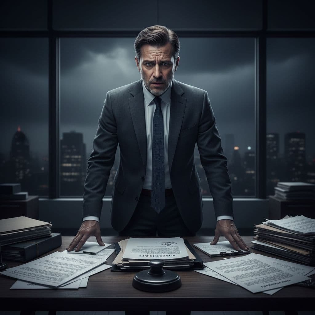 A stressed man in a suit stands over a desk cluttered with messy financial papers and a signed contract. Dramatic shadows emphasize his facial expression of doubt and deep concern.